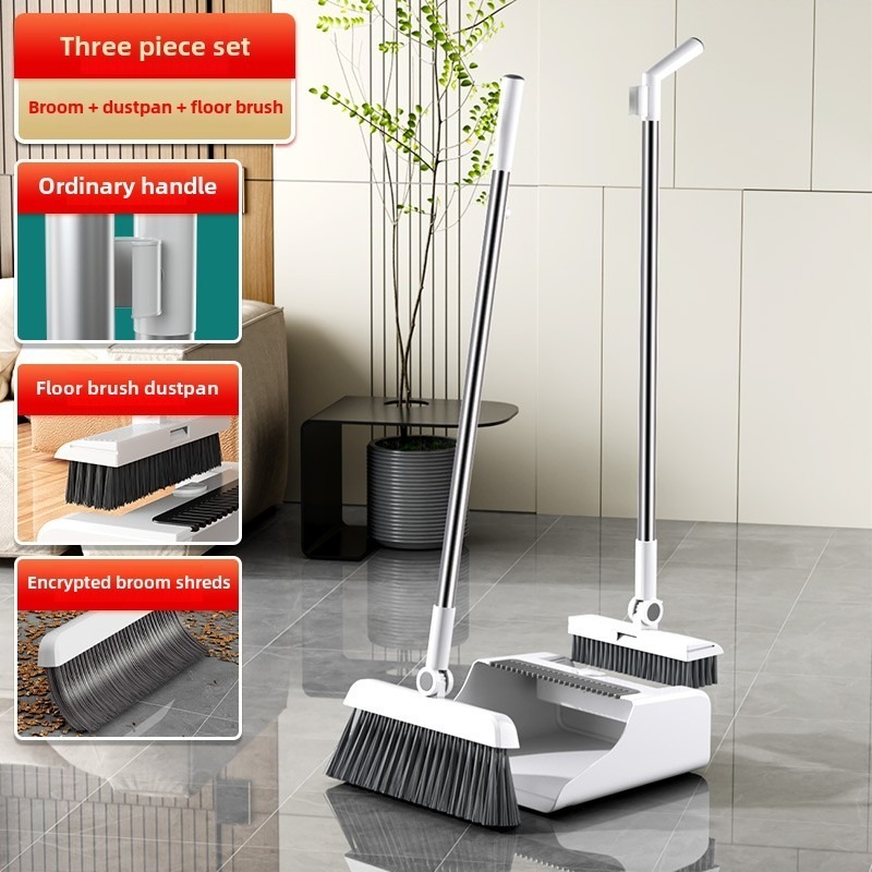 3-in-1 High-Efficiency Ergonomic Long Handle Floor Cleaning Kit - Durable Broom, Dustpan & Brush Set for Home, Office, School, Dorms - Easy-to-Clean Household Cleaning Essentials