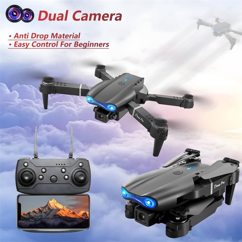 E99 Dual camera drone, black, single battery, WiFi capability. It can be connected to the app and APK system, and users can take pictures through the camera image on the phone