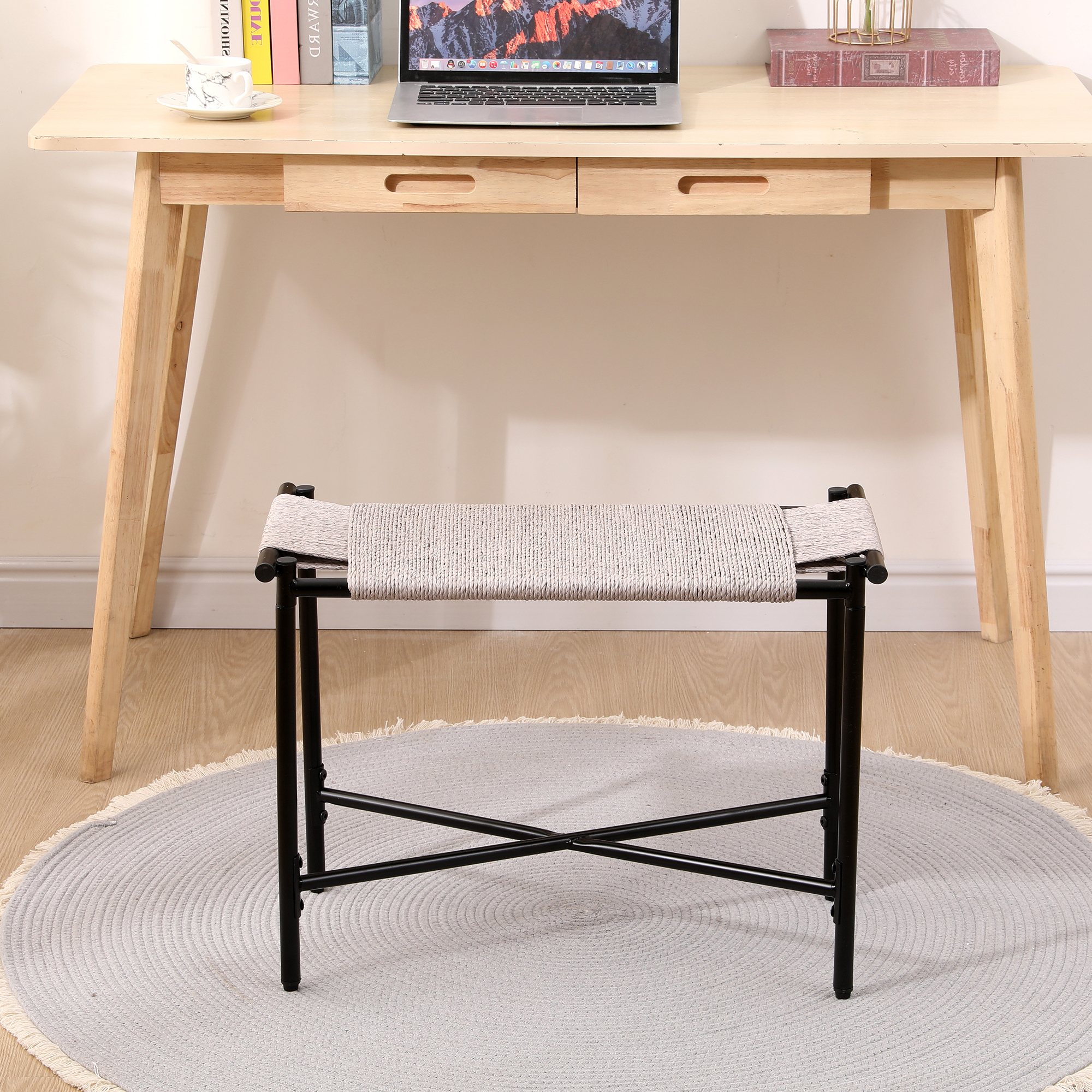 Entryway Ottoman Hand-woven Boho Vanity Chairs Footrest Stools for Living Room Sofas (Gray)