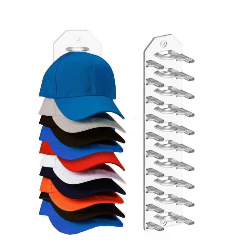 This is a transparent wall-mounted acrylic hat rack. It can hold multiple baseball caps for storage and display, helping you organize your hats easily and get rid of clutter.