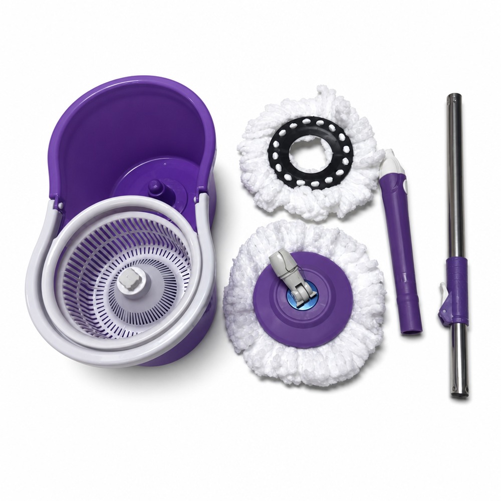 Purple dual spin mop bucket set with extra microfiber heads, hands-free wringing floor cleaning mop