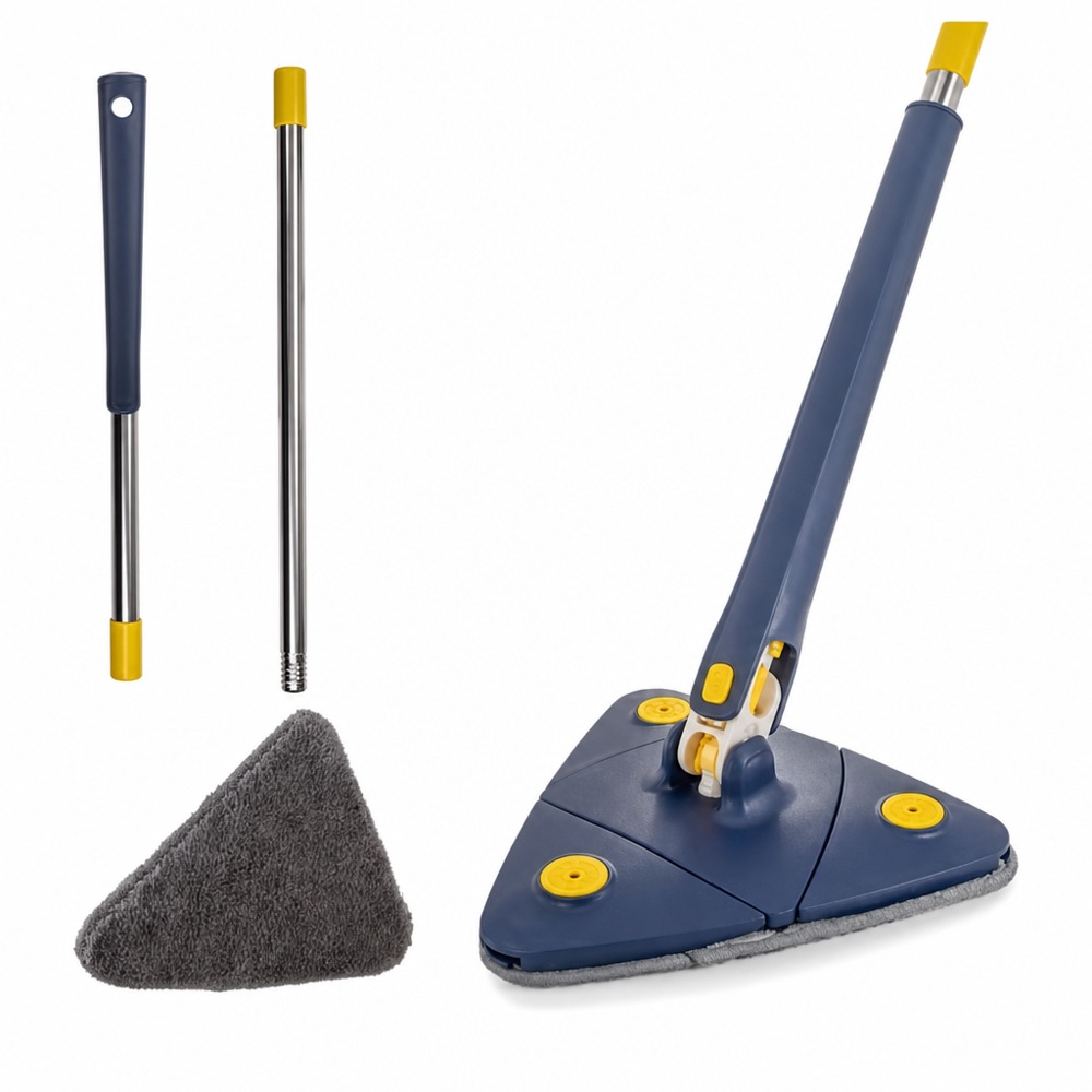 Telescopic triangular rotating mop, 360° dead-angle free cleaner for wall, window and ceiling, wet & dry self-wringing mop