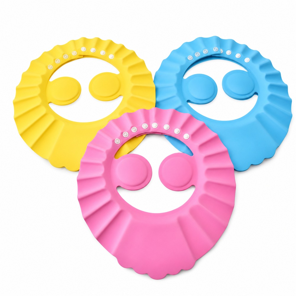 Adjustable soft silicone kids shampoo cap with eye and ear water blocking design, prevents water from entering eyes and ears during hair washing and bathing.