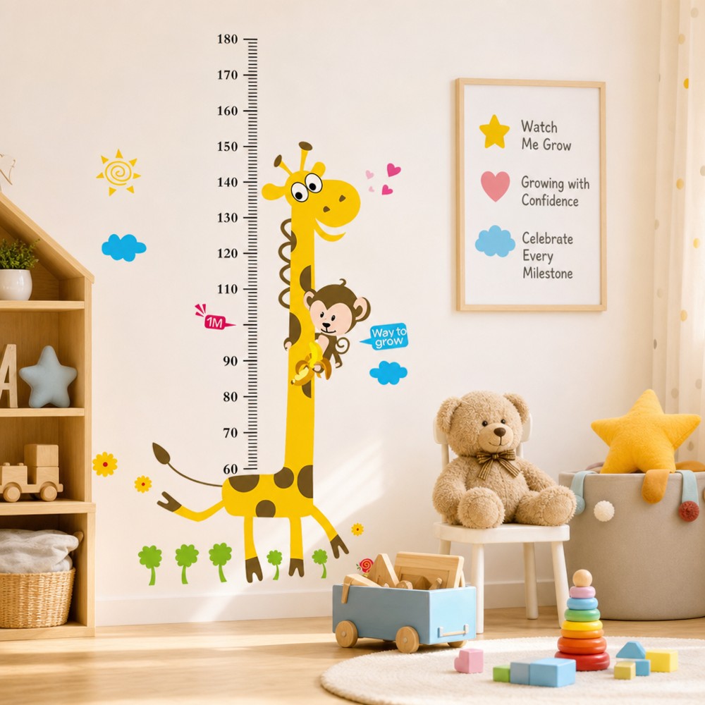 Cute Giraffe Height Chart Wall Sticker with Monkey & Nature Elements, Perfect for Creating a Playful Kids' Room & Tracking Your Child's Growth