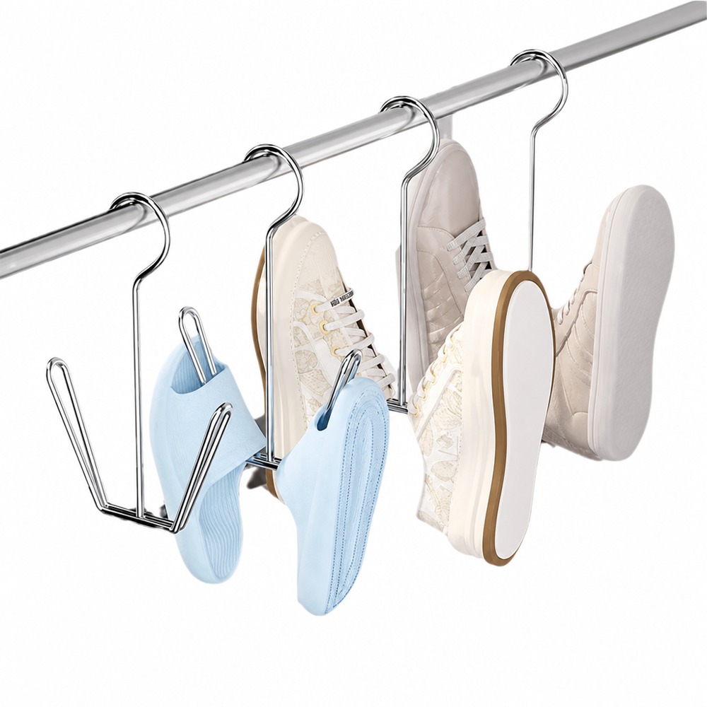 This multi-functional shoe drying rack is made of stainless steel with a windproof double-hook design. It can be hung to dry shoes and slippers, making it a great helper for balcony storage and drying.