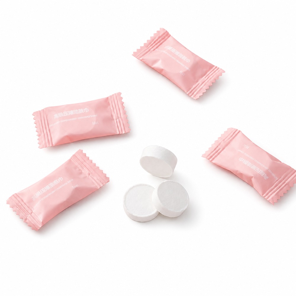 Disposable compressed facial towels, individually packed, expand quickly with water, soft cotton texture, lint-free, portable and hygienic, ideal for travel and daily cleansing.
