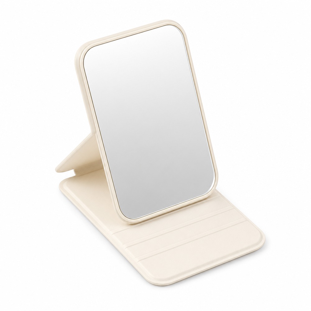 Available in multiple colors, this folding makeup mirror features a protective PU leather cover, a portable and standable design, and a high-definition clear mirror. It is an essential small mirror for makeup touch-ups at home or while traveling.