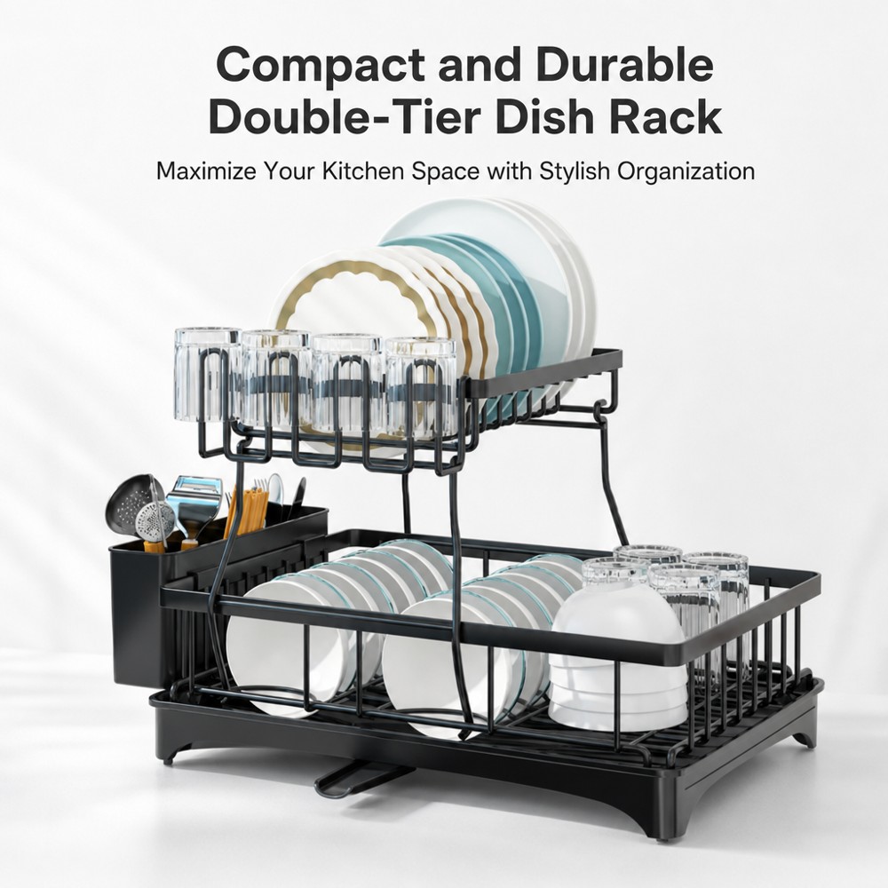 Peony Style Double Layer Dish Drying Rack, Separated storage for plates, bowls, cups and cutlery with drainage tray, rust-resistant sturdy metal structure, tidy kitchen counter organizer.