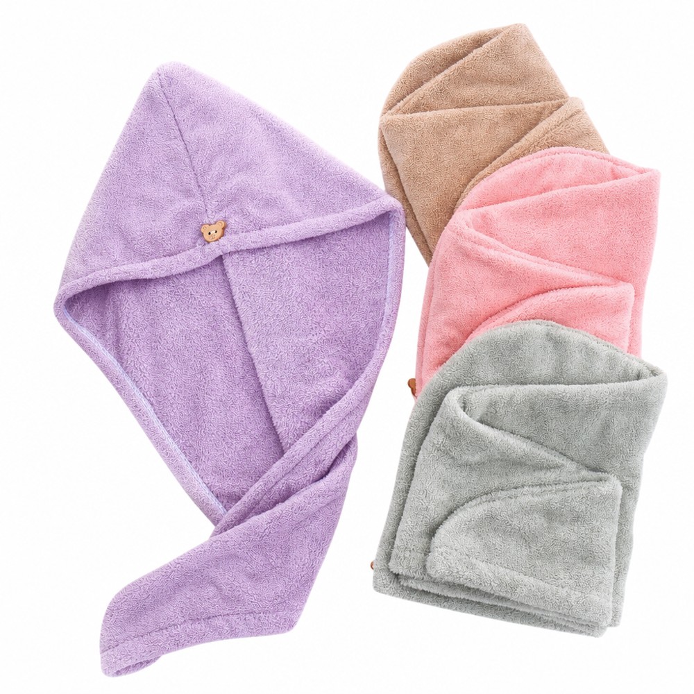 Bear Button Coral Fleece Hair Towel Wrap (Random Color), Super Absorbent & Quick Dry, Soft Skin-friendly & No Head Tugging, Thickened Wrap No Hair Damage, Must-have Lazy Essential for Hair Washing