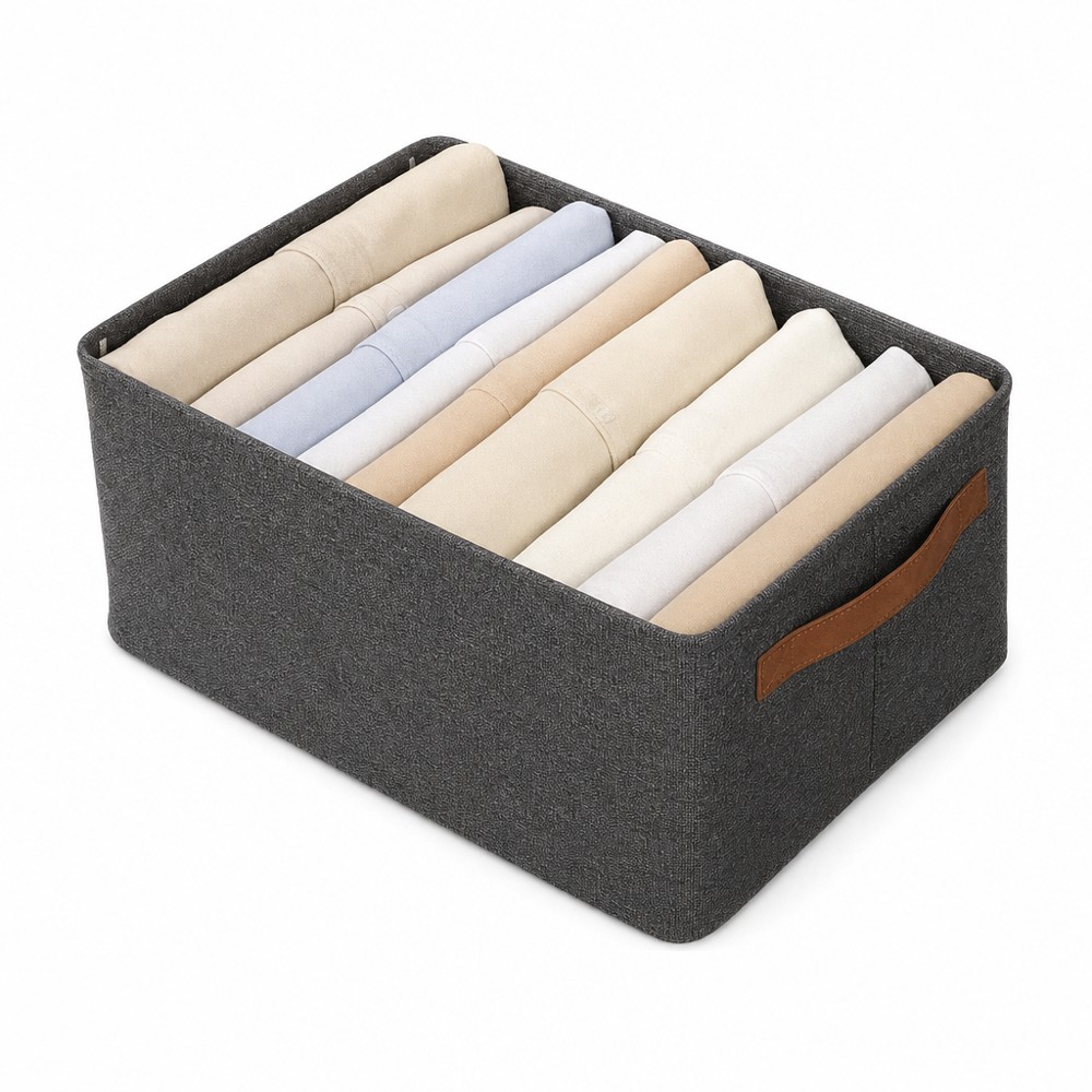 Cationic Fabric Storage Bin with Leather Handles, Sturdy & Shape Retaining, Large Capacity for Clothing & Small Stuff, Compatible with Closets & Drawers, Durable, Stain-proof & Multi-scene Use