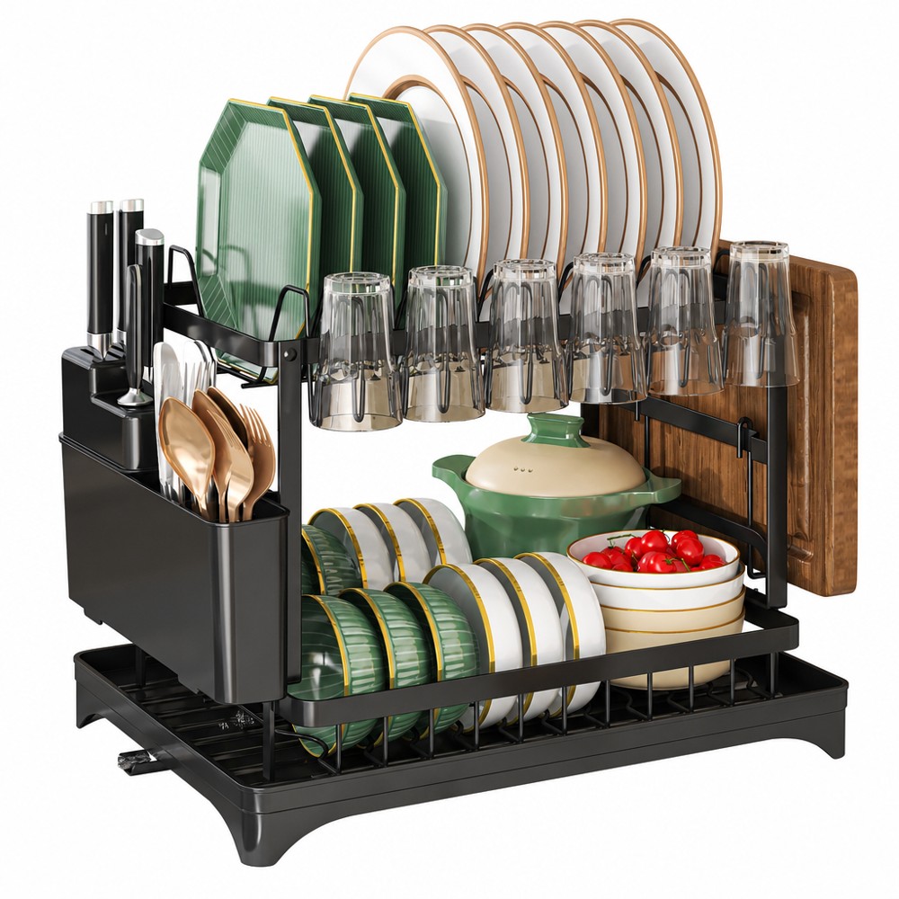 Double Tier Dish Rack with 6 Cup Holders, Multi-compartment for Plates, Bowls & Cutlery, Draining Tray Design for Kitchen Space Storage