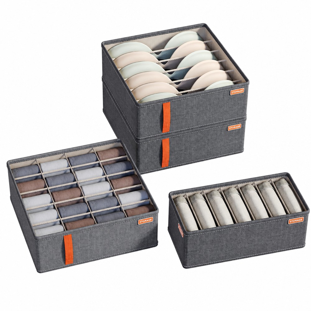 Fabric Divided Underwear Storage Box Set of 3, 7-Compartment Design, Foldable Organizer for Clothes and Socks, The Ultimate Closet Drawer Storage Essential.