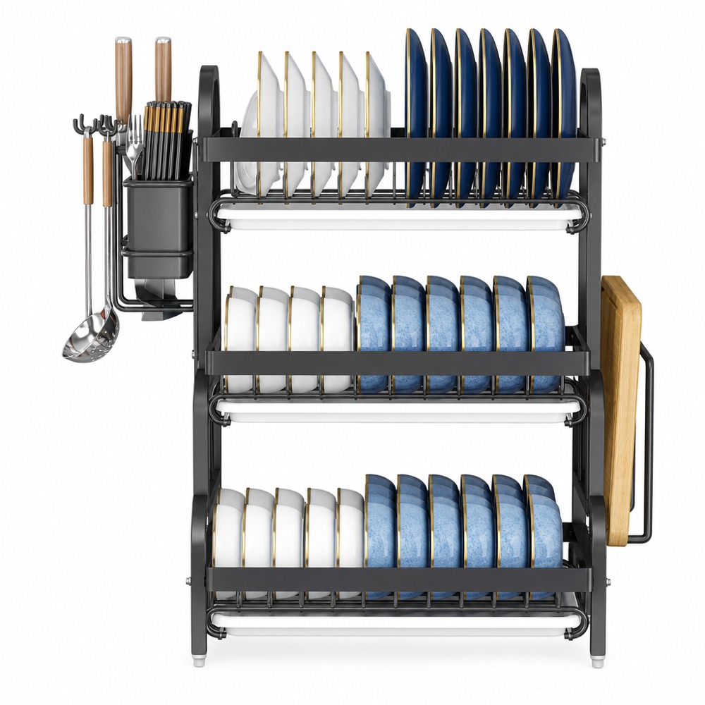 Black dish drying rack with cutlery holder, cutting board rack and drain tray. Rust-proof metal with divided large storage to drain water and save counter space.