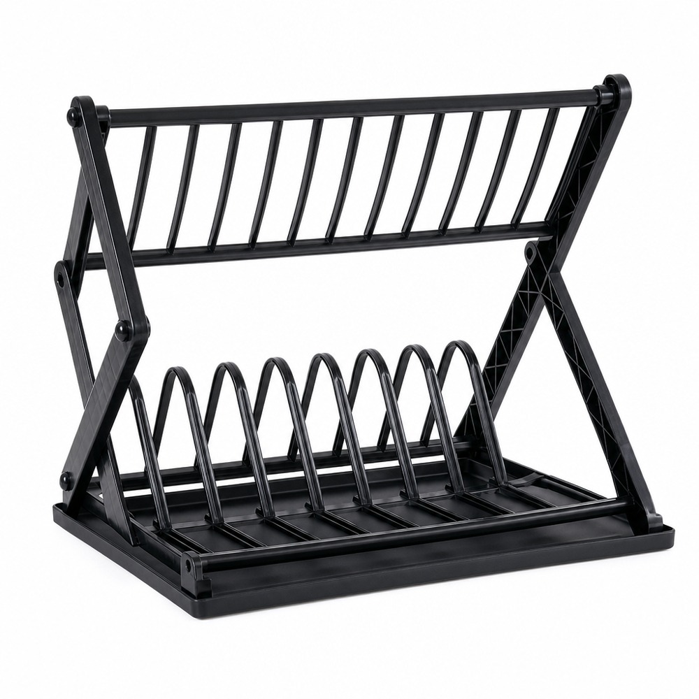 X-shaped Foldable 2-Tier Dish Rack, separate storage for bowls and plates with drain tray, sturdy space-saving design for kitchen countertop.