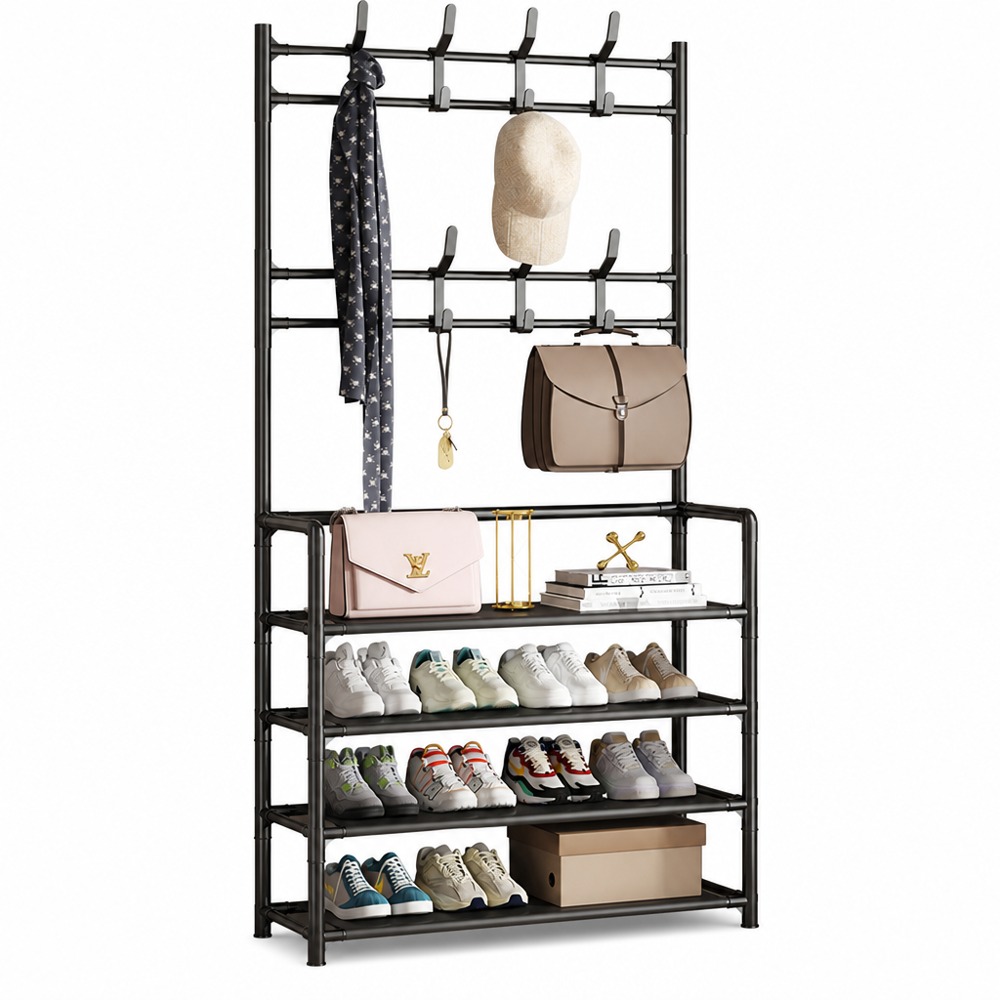 60cm 4-Tier Shoe & Hat Rack, open layered storage for footwear and hats, easy assembly, space-saving entryway organizer.