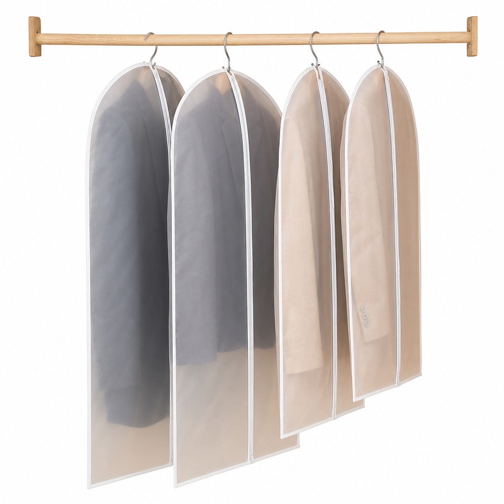 Semi-transparent zipper garment dust cover, fully sealed dustproof, washable reusable, ideal for hanging coats and suits in closet.