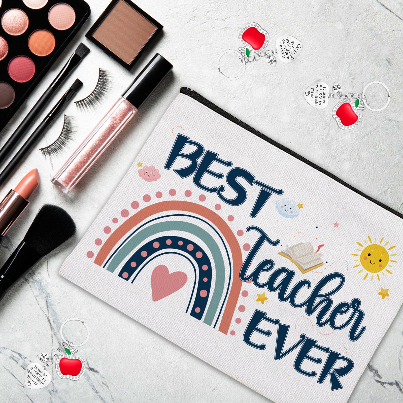 Waterproof PU Cosmetic Bag with Keychain Set - Multi-Compartment Travel Makeup Pouch & Detachable Cute Keyring, Compact & Portable for Women, Girls, On-The-Go