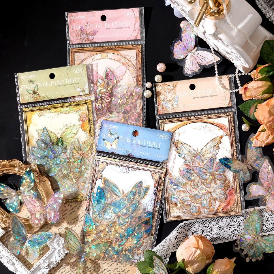 80 Three-dimensional Butterfly Stickers, Shell Light, Ice Crystal Laser Gold, INS Retro Style, PET Waterproof Material, DIY Handbook Decoration Scrapbook Material, Butterfly Goo Card Sticker Pack