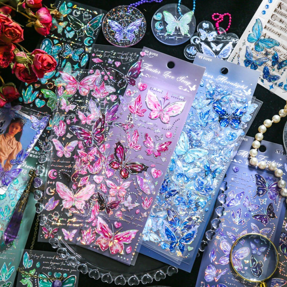 12 pieces of hot stamping embossed stickers, three dimensional glitter butterfly theme, light retro style, PVC material, DIY handbook decoration, Guka butterfly material sticker pack.