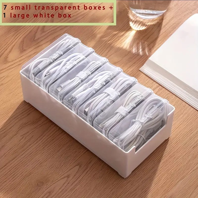 7-Piece Plastic Storage Organizer Set - Clear Desktop Organizer Boxes for Small Items Like Chargers, Earphones, Jewelry & Cards, Multi-Use Non-Waterproof Storage Containers for Home & Office