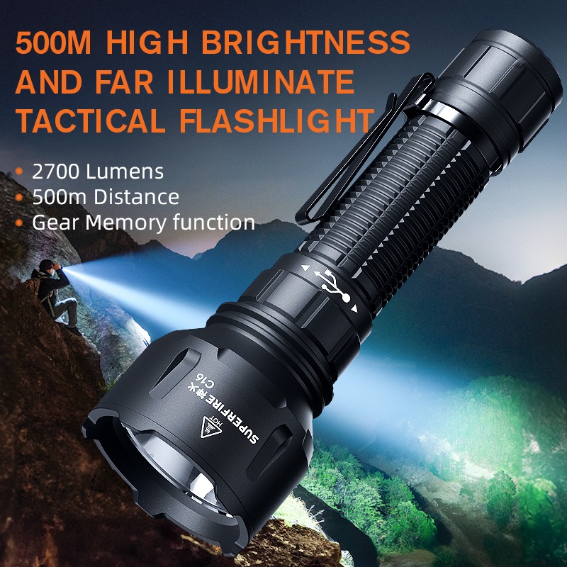 2700LM Long-Range LED Flashlight C16 Type-C Charging 40W Tactical Powerful Waterproof Handheld Flashlights With 5 Modes