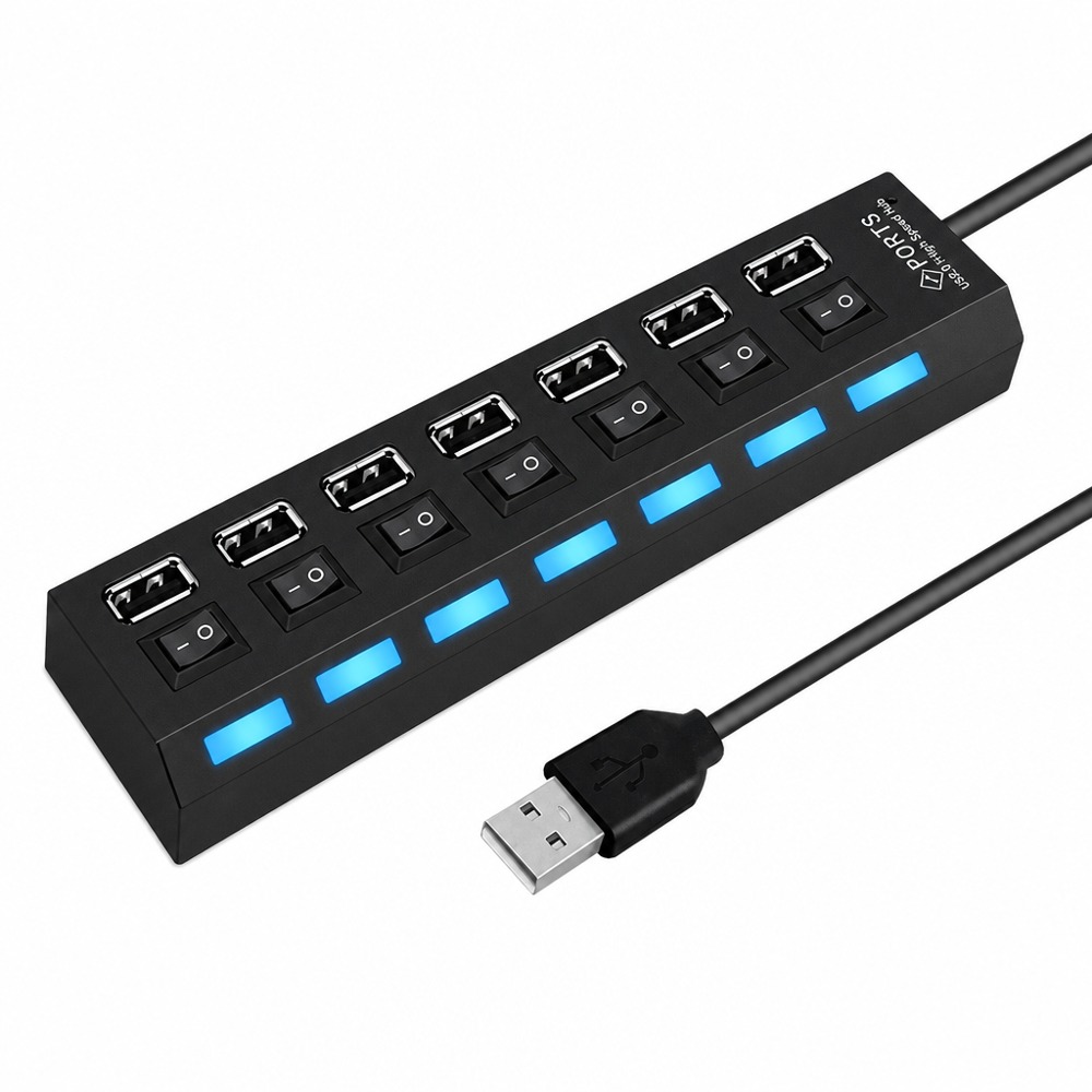7 口 USB2.0 分线器，各接口配独立开关与蓝光指示灯，免驱即插即用，电脑多设备同时拓展。
