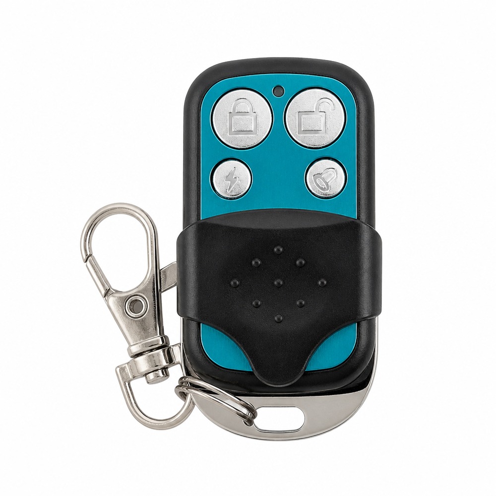 Four-button rolling door remote control with a blue-and-black body, metal keychain, and anti-slip leather cover one-touch up/down control, easy to carry.