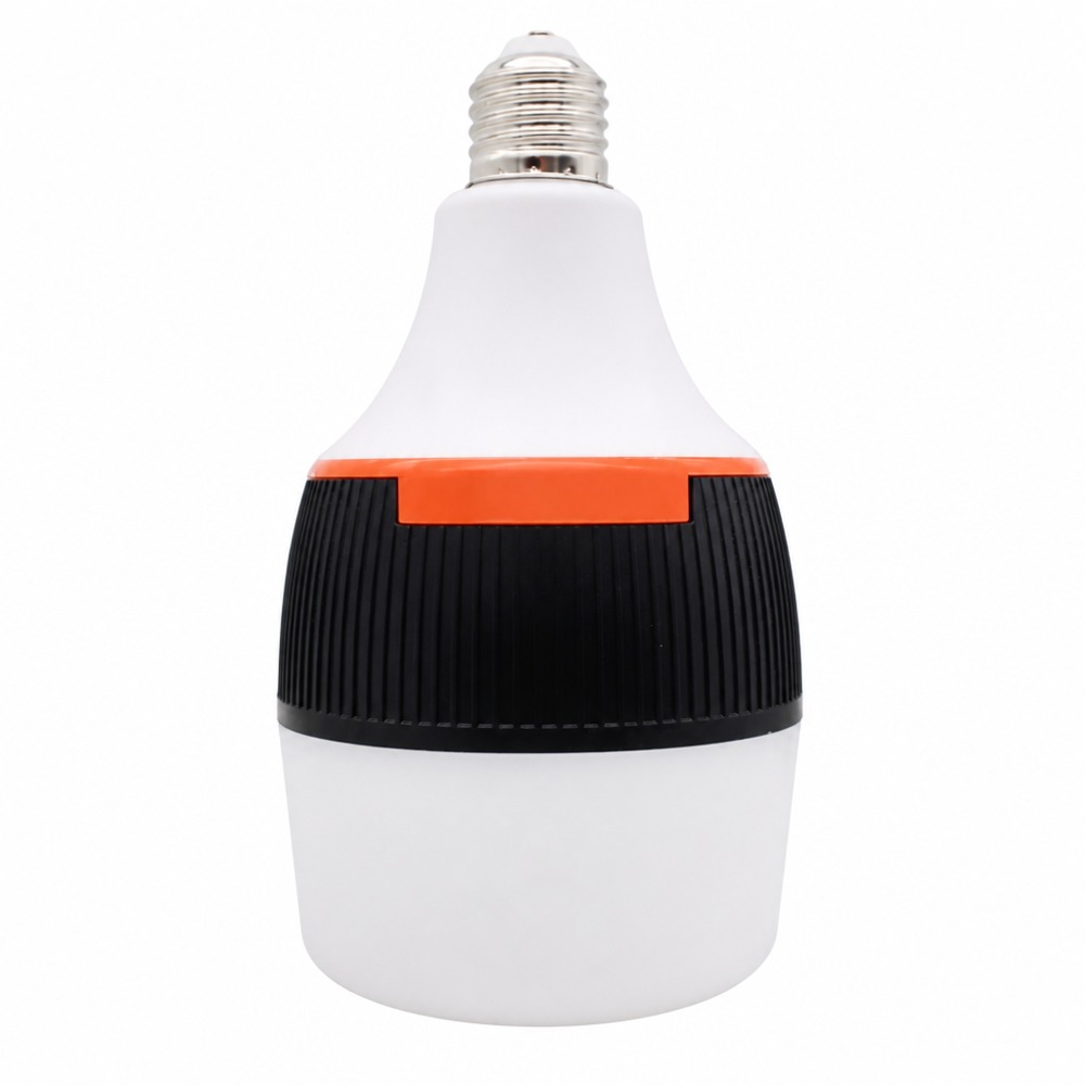 High-power LED bulb with E27 screw base, black heat-dissipation fins, and orange accent ring -frosted shade delivers soft light, high brightness and energy efficiency, ideal for home and commercial lighting.