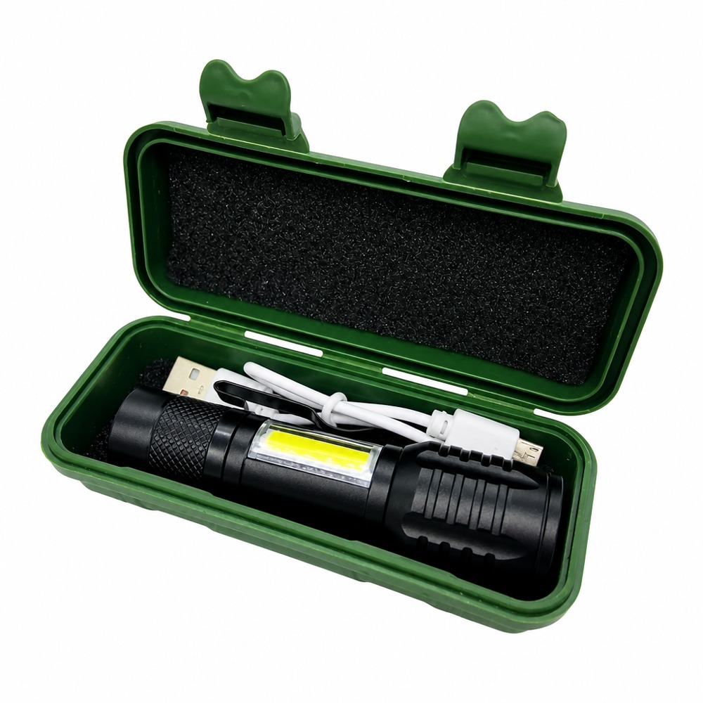 USB rechargeable flashlight, portable aluminum-alloy body, high-intensity mini torch for outdoor and household use.
