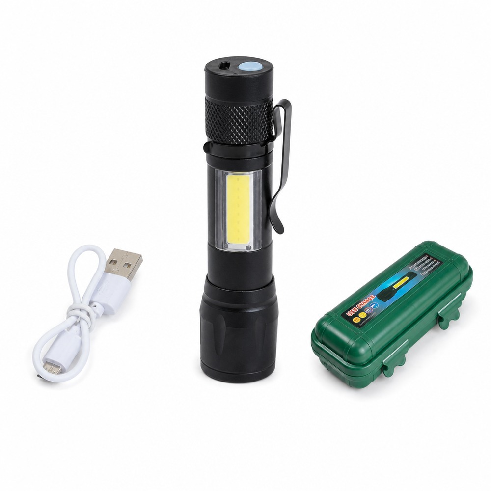 USB Rechargeable Mini Flashlight with Pen Clip, Dual Light Source of COB Side Lamp & Focus Beam, Comes with Storage Case for Portable Outdoor Lighting