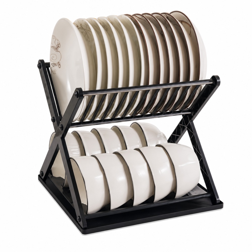 X-shaped Foldable Double-Layer Dish Rack, Stores Plates & Bowls Simultaneously for Drying, Saving Kitchen Counter Space