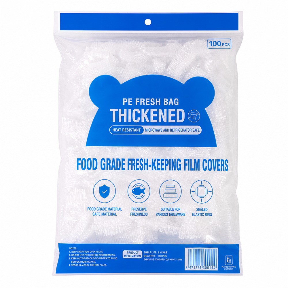 100pcs food-grade thickened disposable plastic wrap covers with elastic ring, fits various tableware, microwave and refrigerator safe, keeps food fresh and prevents odor mixing.