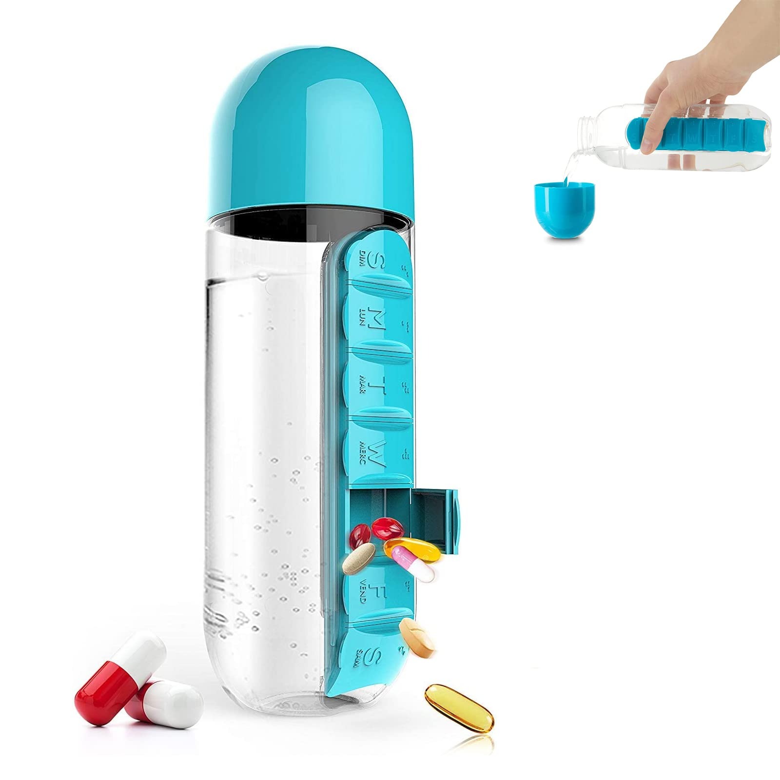 2-in-1 Pill Box Water Bottle: Separate Compartments for Pills & Drinks, Lightweight & Portable, Ideal Companion for Travel & Commute