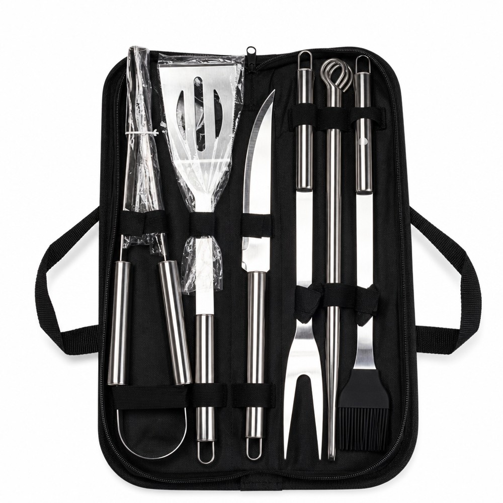 6-piece stainless steel BBQ tool set includes spatula, tongs, knife, barbecue fork, skewers and basting brush, equipped with a portable storage bag, ideal outdoor cooking utensils for grilling.