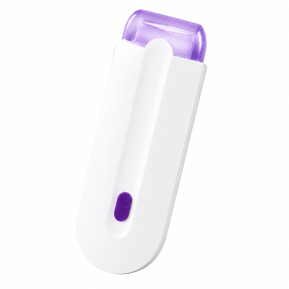 Portable electric hair remover with a white-and-purple body and one-button switch gentle shaving, easy to carry anywhere.