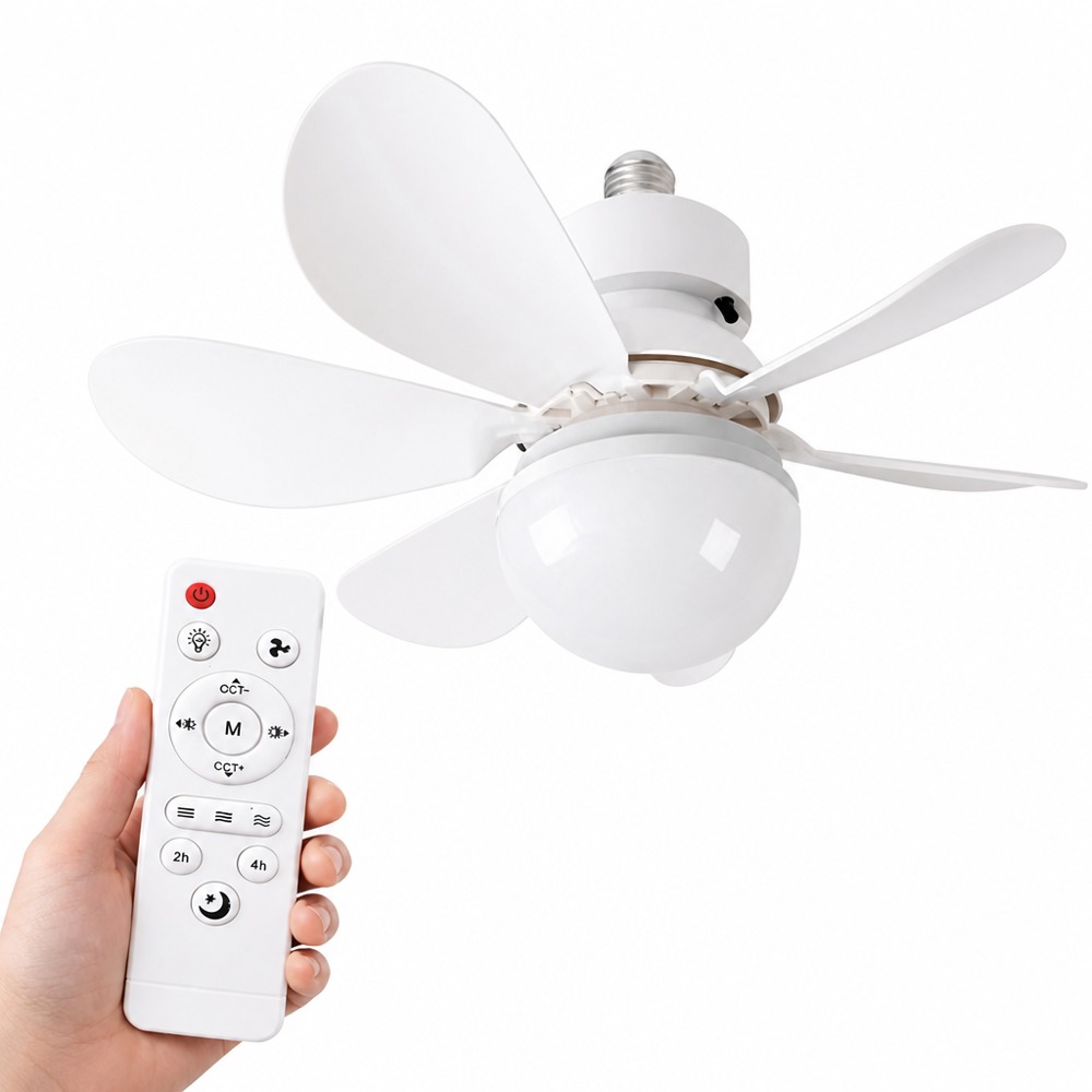 3-Color LED Fan Light: E27 screw-in all-in-one design with 3-color LED + 5-blade fan, plug-and-play, remote control for speed, color temp, 2H/4H timer & night light-compact and ideal for small spaces.