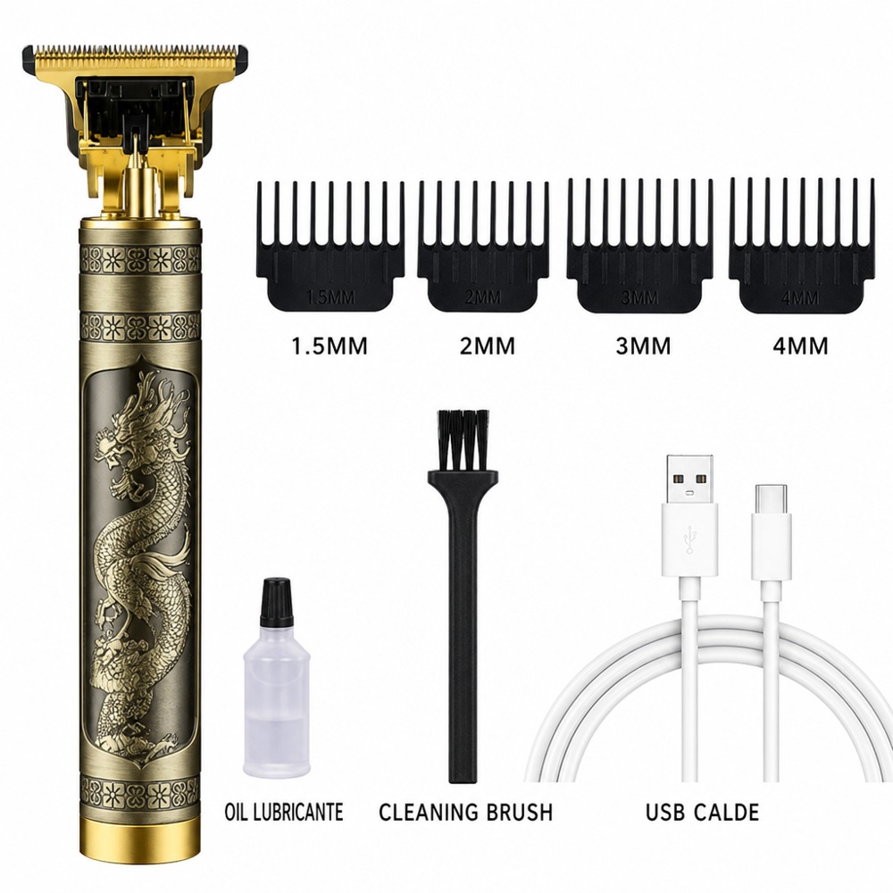 Vintage dragon pattern hair trimmer with Type-C charging, complete guard combs set for barber carving & edging