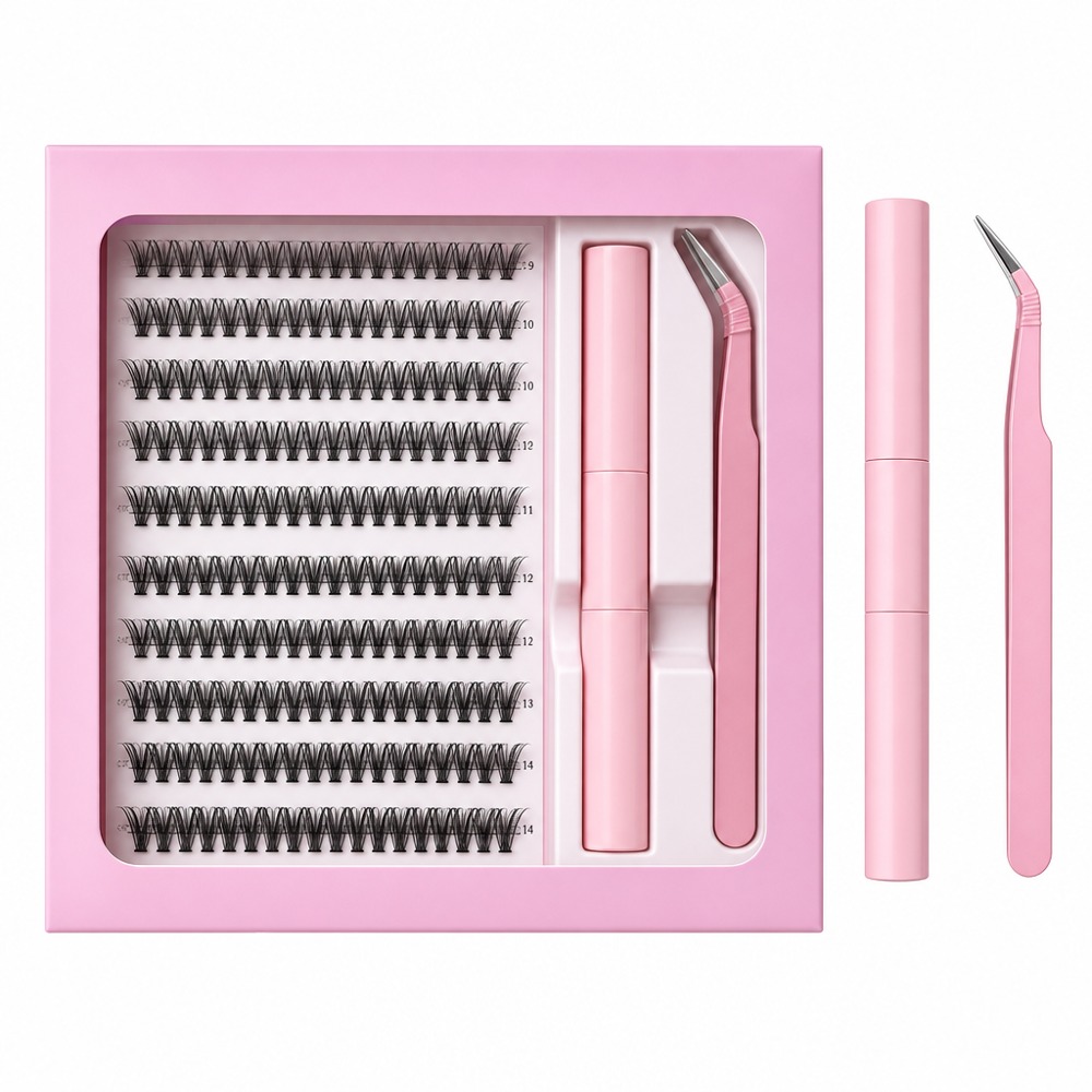 3-in-1 DIY cluster eyelash extension kit, mixed 30P & 40P clusters with 0.07D thickness and 9-14mm lengths, comes with lash bond, sealant and application tweezers