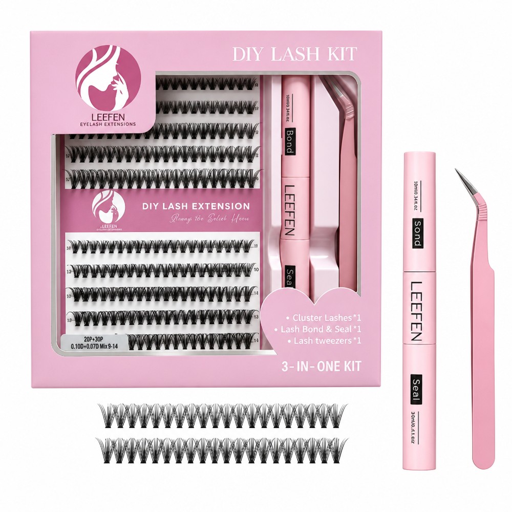 LEEFEN 3-in-1 DIY cluster lash kit, mixed 20P&30P lashes in 0.07D+0.10D thickness 9-14mm, equipped with lash bond seal and tweezers