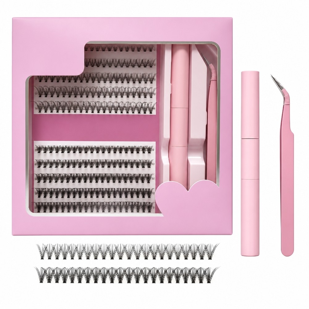 LEEFEN 3-in-1 DIY cluster lash kit, mixed 12P&20P clusters 0.1D thickness 9-14mm, with lash bond seal and tweezers