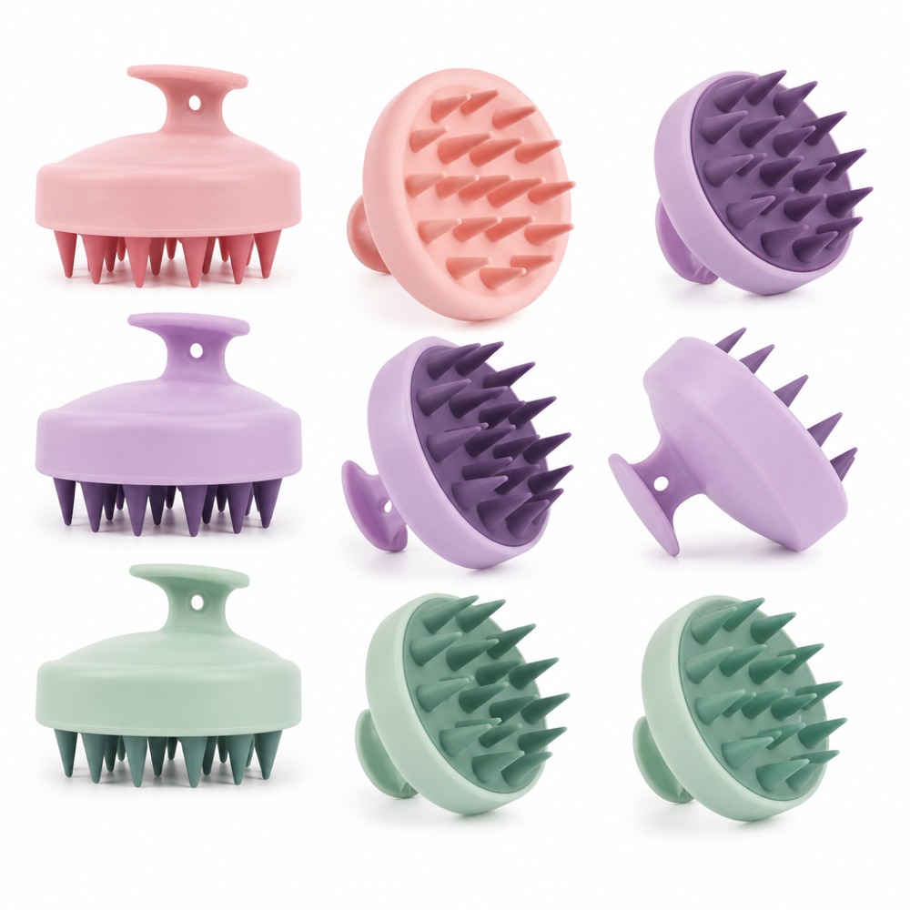 Multicolor Soft Silicone Hair Washing Massage Brush (Random Color). Round bristles clean the scalp effectively. Non-slip handheld design, washable, relieves itching and soothes hair roots.