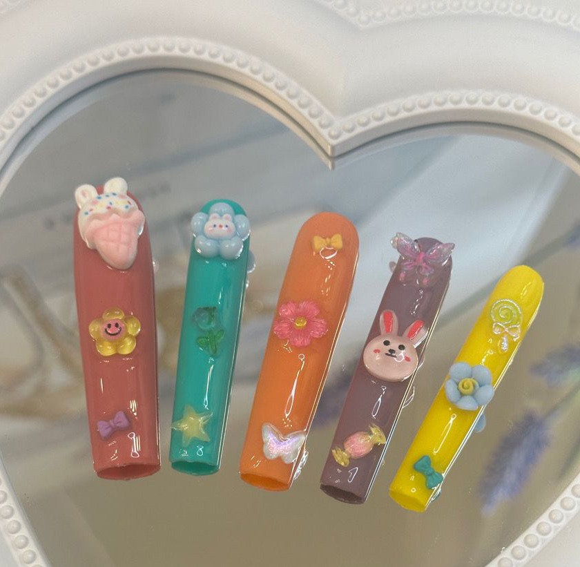 Colorful Press on Nails Long, Cute False Nails with 3D Cartoon Art Decoration Fake Nails Gift for Girls