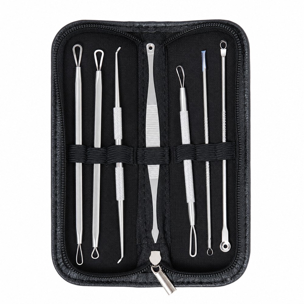 7Pcs Stainless Steel Blackhead Remover Tool Kit with Portable Zipper Case, Professional Acne Extractor Set for Facial Skin Care