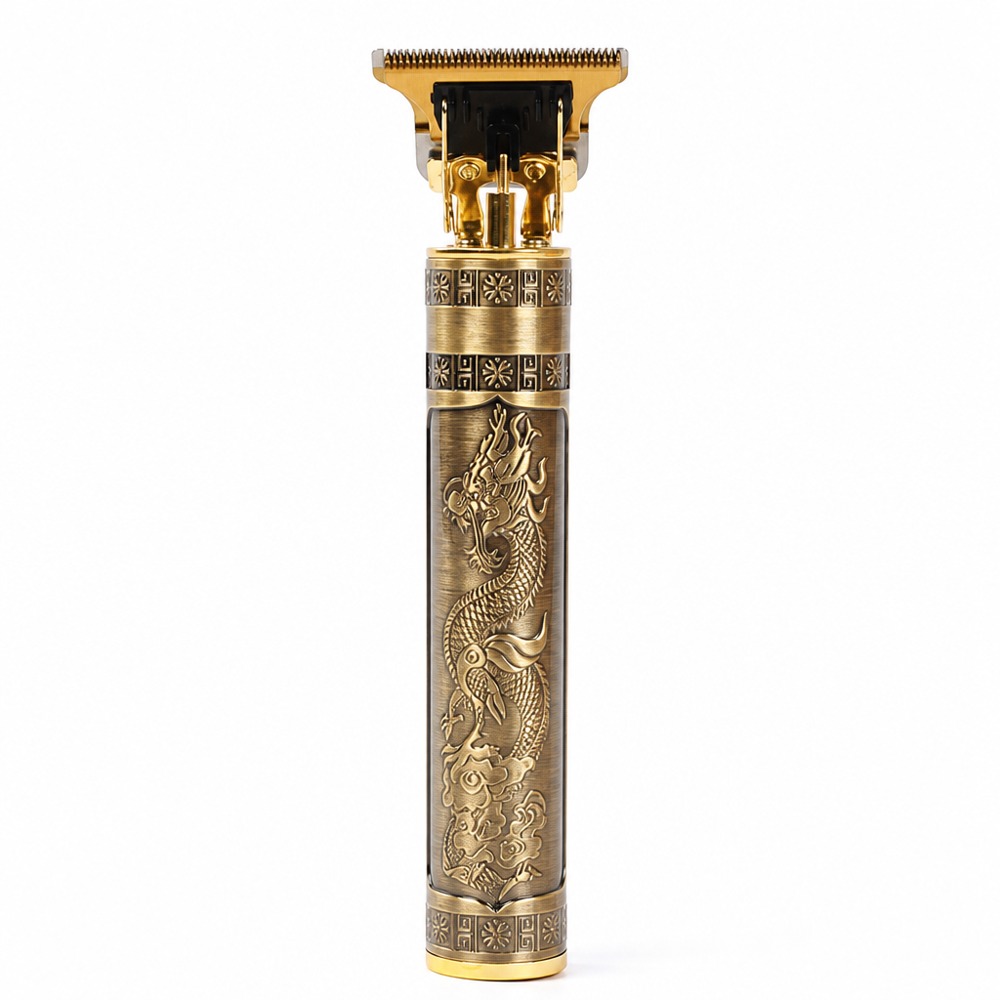 Electric hair carving trimmer with vintage bronze embossed dragon pattern zinc alloy body, sturdy metallic texture, powerful lithium battery endurance, delivers precise edging and engraving for exquisite hairstyles.