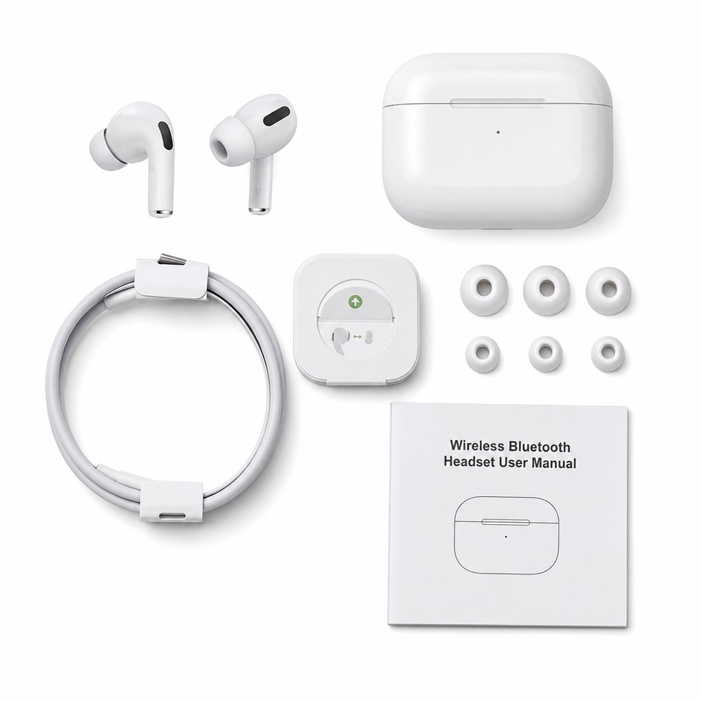1:1 7th generation in-ear true wireless Bluetooth earbuds with high similarity appearance, auto pop-up fast pairing, compatible with iOS & Android, touch control, clear call sound, stereo audio and long battery life.