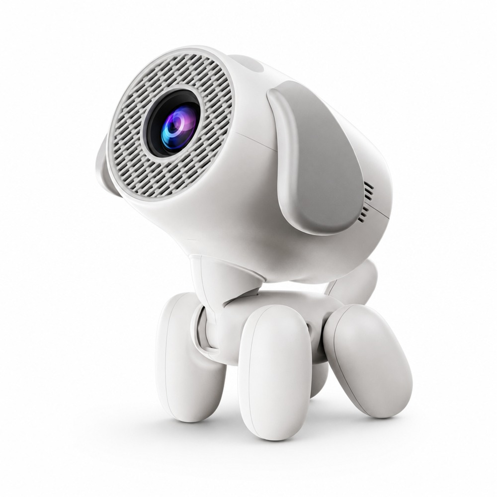 JY320LI cute dog-shaped mini projector with adjustable angle, portable design, wireless screen casting function, works as home video player and decorative ornament for bedroom use.