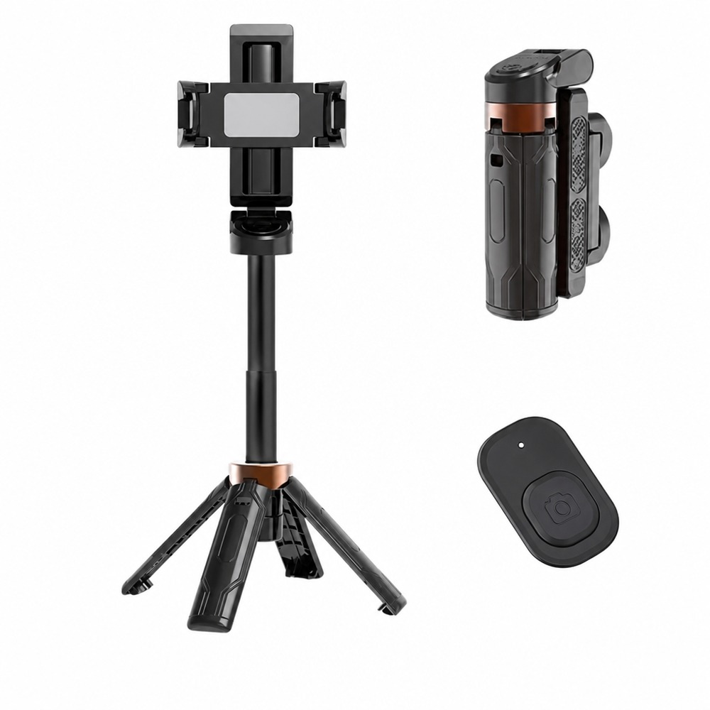 Mini DSLR-style desktop selfie tripod with retractable height & 360° rotation, separate Bluetooth remote, foldable compact design, dual horizontal/vertical holder for live streaming and selfies.