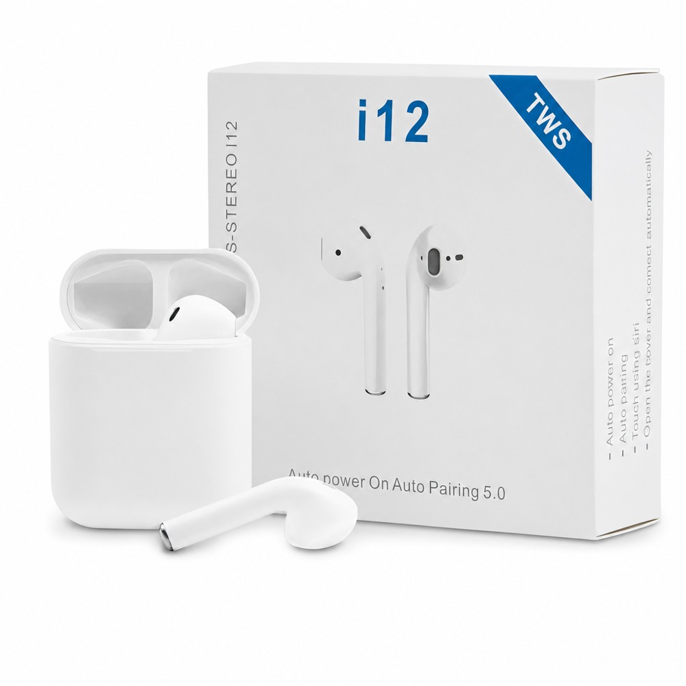 i12 TWS semi-in-ear Bluetooth earphones with Bluetooth 5.0, auto pairing when opening case, touch control for calls and music, stereo sound, portable charging case compatible with iOS and Android.