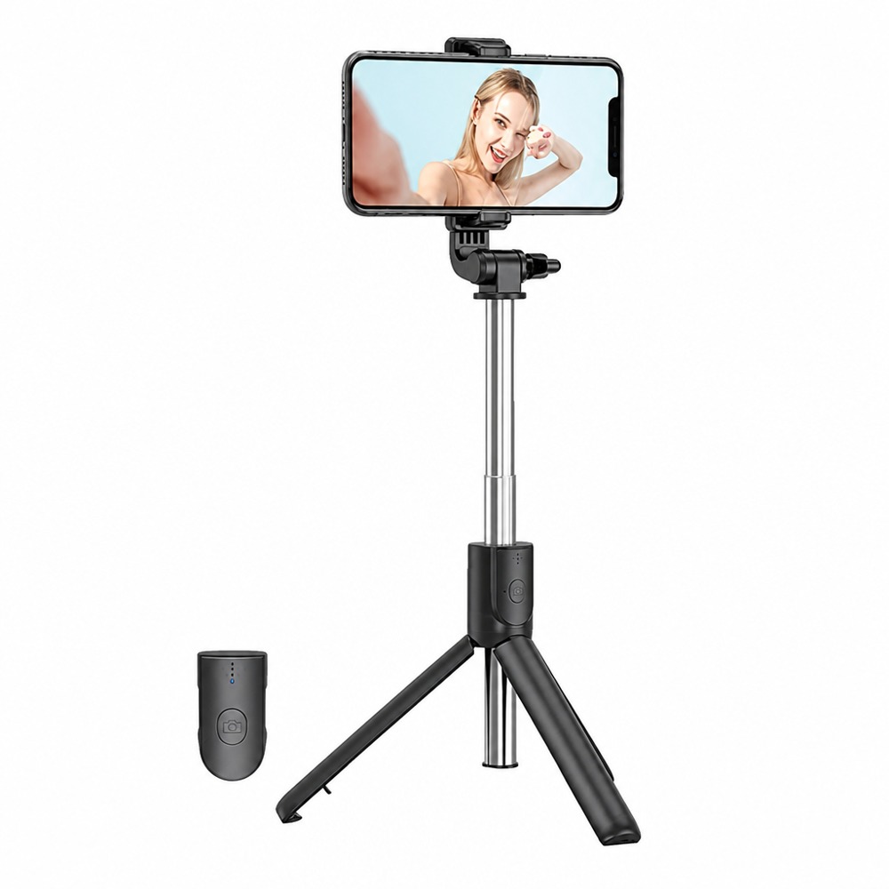 R1S Bluetooth selfie stick integrated tripod with retractable stainless steel pole, 360° horizontal & vertical rotation, 10m wireless remote control, portable and compatible with all smartphones.