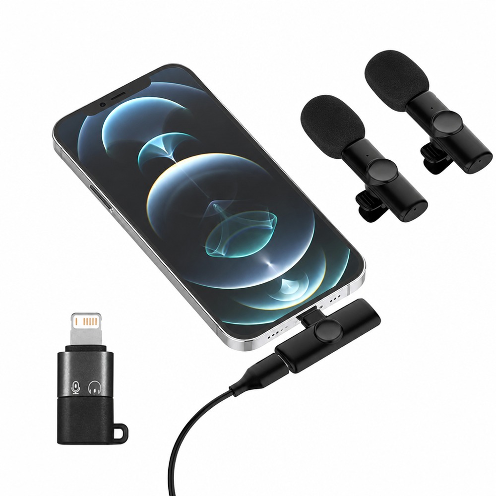 K9-TC-2 2-in-1 Type-C wireless lavalier mics with Lightning charging adapter, dual-person noise reduction, low latency plug-and-play, support recording while charging for live & vlog.